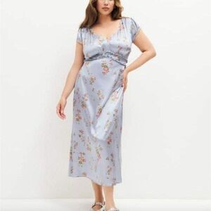 Reformation Kaye Silk Dress 16 Melba Blue Floral V-Neck Midi Cap Sleeve NWT